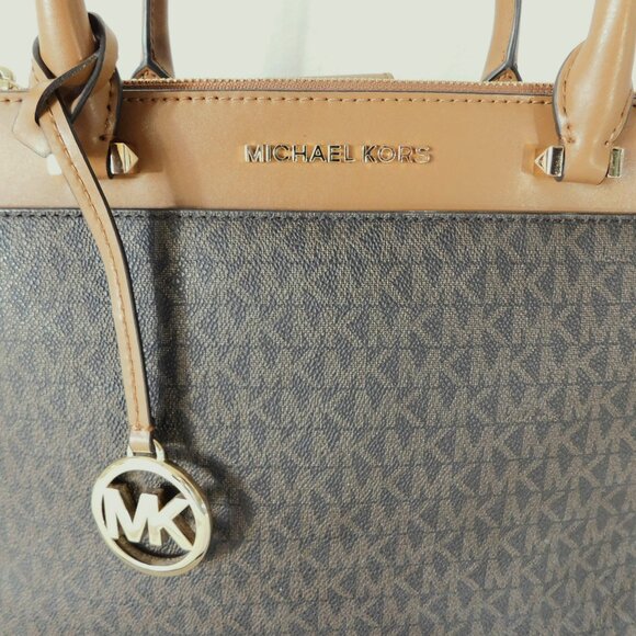 Medium Michael Kors Signature Brown & Camel Leather Tote Handbag Purse - Picture 3 of 15